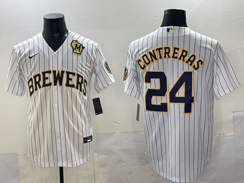 Men Milwaukee Brewers #24 Contreras White Stripe Nike MLB 2025 Jersey 04->milwaukee brewers->MLB Jersey